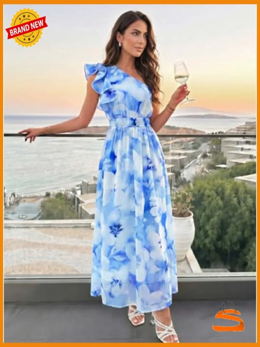 Sleeveless Floral Maxi Dress One Shoulder Ruffle High Waist Boho Beach Wedding